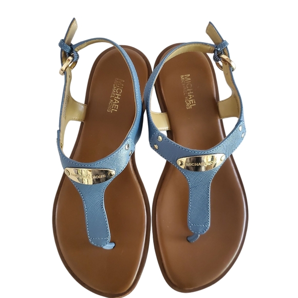 MICHAEL Michael Kors Blue Leather Gold Logo Plate Strappy Thong Sandal Women's 6 - Picture 6 of 11